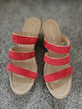MARELLA Red Triple-Strap Suede Slide Sandals